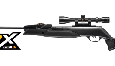 Gamo Swarm Magnum Pro .25 side view showing horizontal magazine and stock.