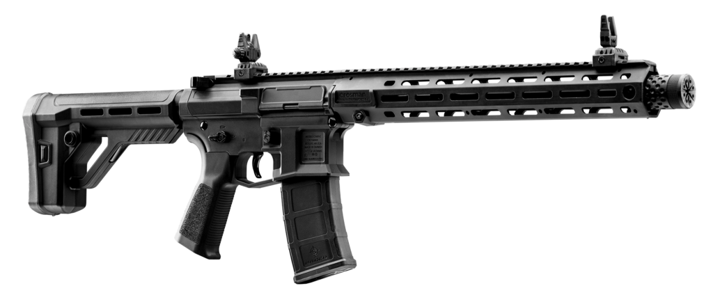 Crosman Raiden battery-powered full-auto BB gun; Crosman Raiden with 80-round magazine; Crosman Raiden Picatinny rail and flip-up sights