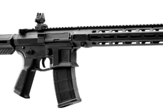 Crosman Raiden battery-powered full-auto BB gun; Crosman Raiden with 80-round magazine; Crosman Raiden Picatinny rail and flip-up sights