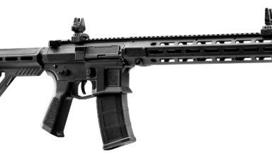 Crosman Raiden battery-powered full-auto BB gun; Crosman Raiden with 80-round magazine; Crosman Raiden Picatinny rail and flip-up sights